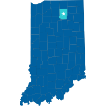 Map of Indiana with Kosciusko County Highlighted